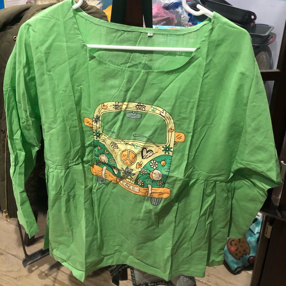 Peace bus green long short sleeve peplum shirt